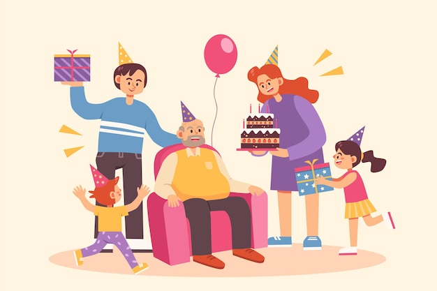 Familia feliz celebrando el cumpleaños del abuelo