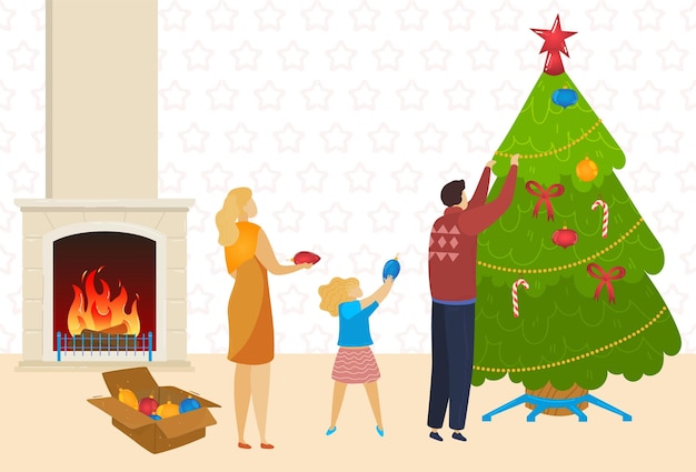 Familia feliz celebrar árbol decorado de navidad en casa feliz año nuevo vacaciones feliz navidad