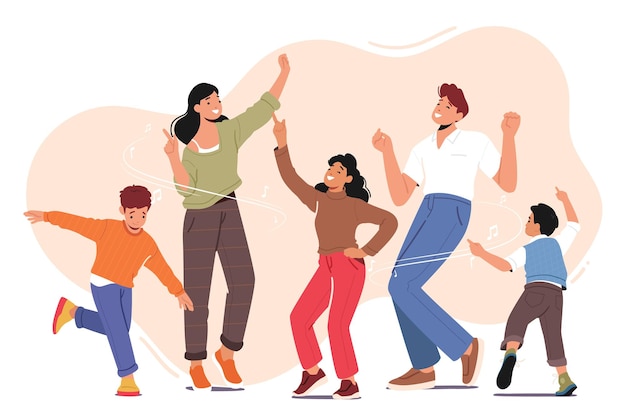 Familia feliz celebrar fiesta en casa padres con niños baile aislado sobre fondo blanco mamá papá y niños diversión