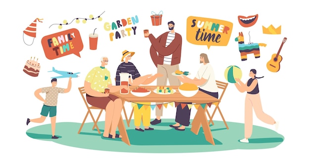 Familia feliz celebrar fiesta en el jardín. Personajes masculinos o femeninos sentados en la mesa, comer y comunicarse, niños alegres jugando en el patio de la casa. Vacaciones de verano Relájese. Ilustración de Vector de gente de dibujos animados