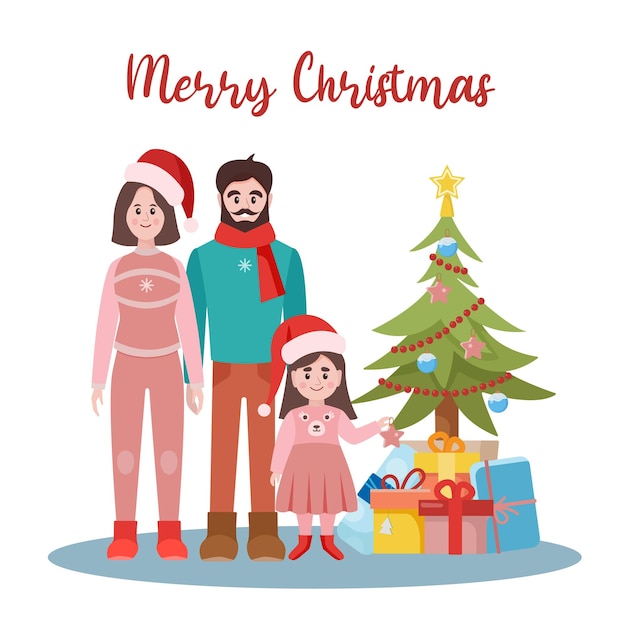 Familia feliz cerca del árbol de Navidad con regalos. Ilustración de vector de estilo de dibujos animados.