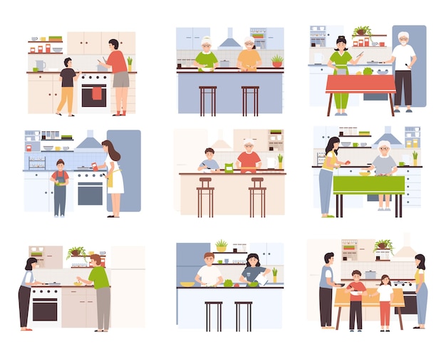 Familia feliz cocina panqueques en la cocina mamá papá hijo e hija están cocinando juntos madre