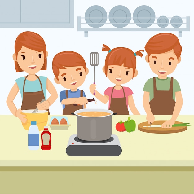 La familia feliz está cocinando en la cocina el domingo por la mañana