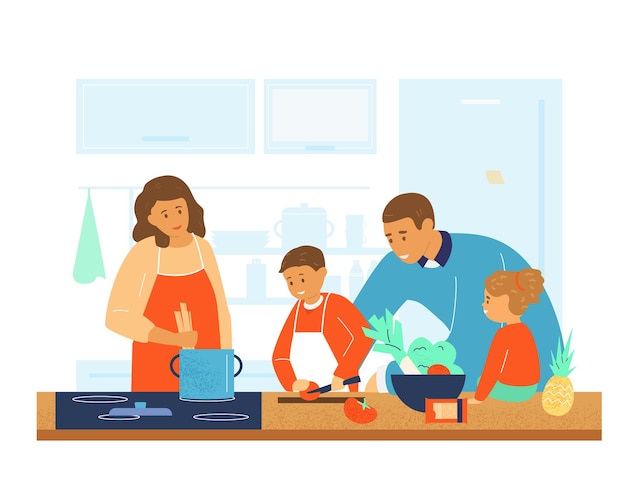 Vector familia feliz cocinando juntos en la cocina. padres que enseñan a cocinar a los niños.