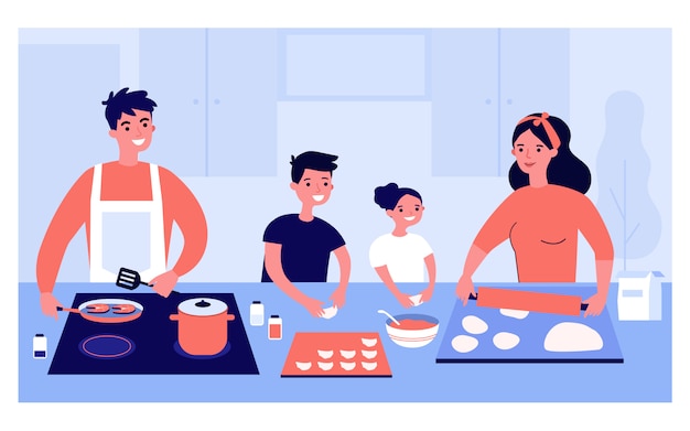 Vector familia feliz cocinando juntos