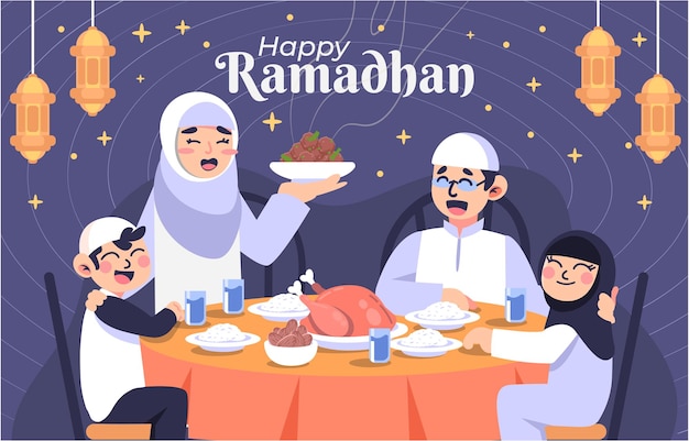 Familia feliz con la comida de Iftar