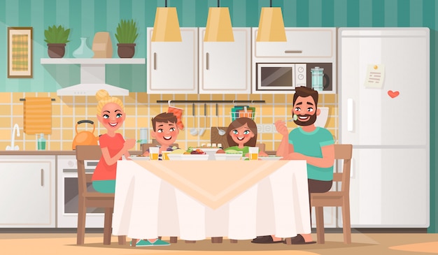 Vector familia feliz comiendo en la cocina. padre, madre, hijo e hija desayunan en la mesa de casa