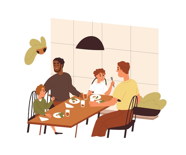 Familia feliz comiendo en la mesa juntos, relajándose. Dos padres padres e hijos adoptivos. Hombres birraciales homosexuales papás con hijos varones. Ilustración de vector plano aislado sobre fondo blanco.