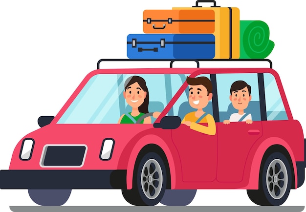 La familia feliz comienza un viaje en coche con el equipaje en el techo disfrutando de las vistas panorámicas y creando recuerdos en una aventura de viaje por carretera de verano