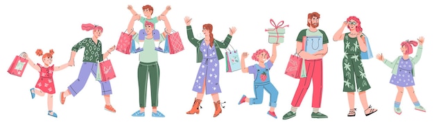 Familia feliz con compras gran descuento compra de bienes y regalos ilustración vectorial de un diseño plano