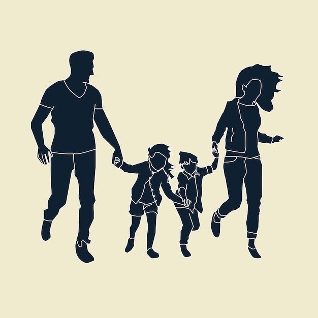 Familia feliz corriendo al aire libre mientras se toma de la mano y se divierte en la ilustración de la silueta