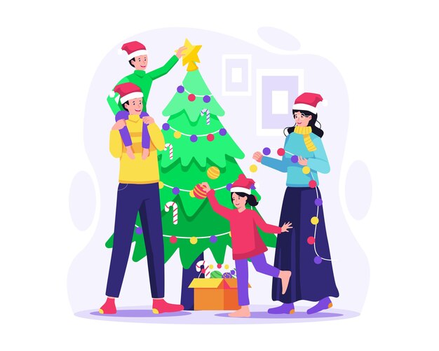 Familia feliz decorando un árbol de navidad juntos en casa preparándose para la ilustración de las vacaciones de invierno