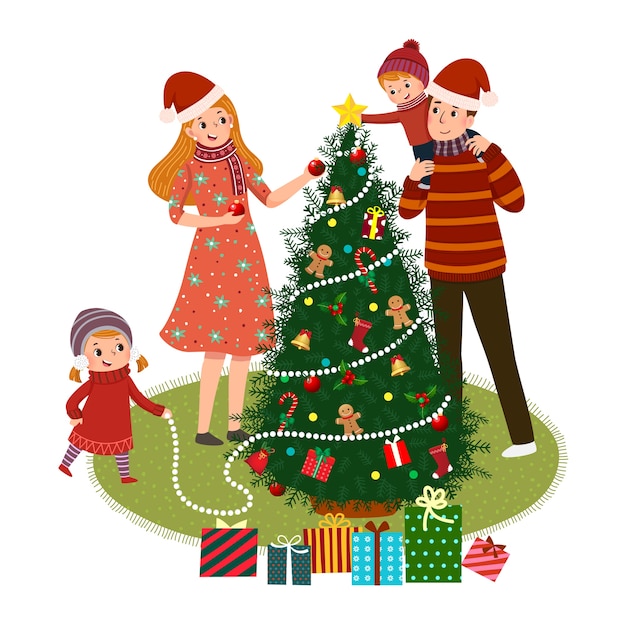 familia feliz decorando un árbol de navidad