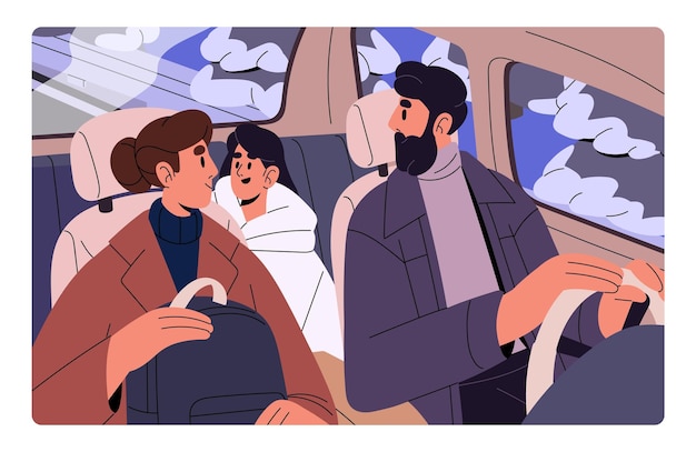 Familia feliz dentro del automóvil Conductor sosteniendo el volante mirando hacia atrás Pasajero emocionado niño viaja en automóvil con los padres viaja juntos Papá conduce auto Viaje de vacaciones Ilustración de vector plano