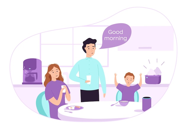 Familia feliz desayunar juntos ilustración de vector plano concepto de hogar inteligente el altavoz inteligente enciende los aparatos eléctricos