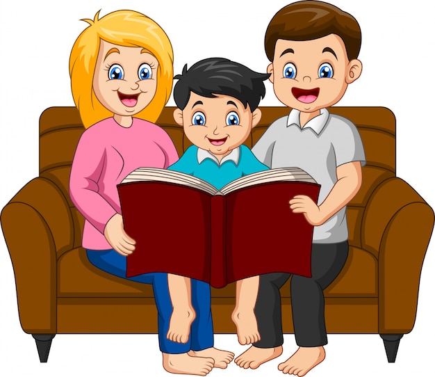 Vector familia feliz de dibujos animados leyendo un libro