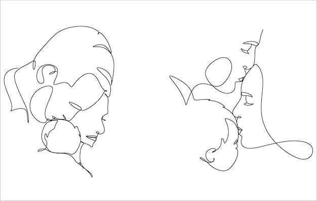 Familia feliz en estilo de dibujo de línea continua. Retrato familiar. ilustración vectorial