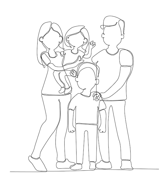 Vector familia feliz en estilo de dibujo de línea continua. vista frontal de padres con niños pequeños.