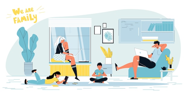Familia feliz. Freelancer padre madre trabajando en línea en la computadora portátil.