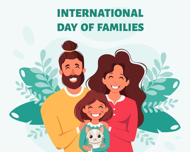 Vector familia feliz con hija y gato