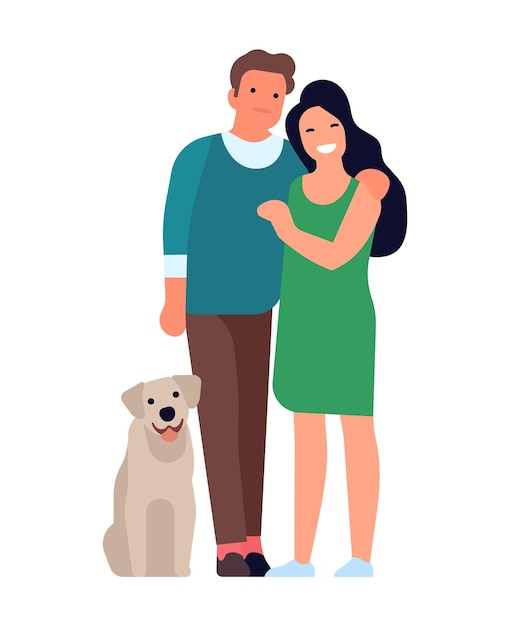 Familia feliz. hombre y mujer abrazándose, pareja romántica sonriendo, linda esposa y esposo de pie con perro. personajes simples con felicidad de mascota juntos. ilustración aislada de dibujos animados de vector de relaciones