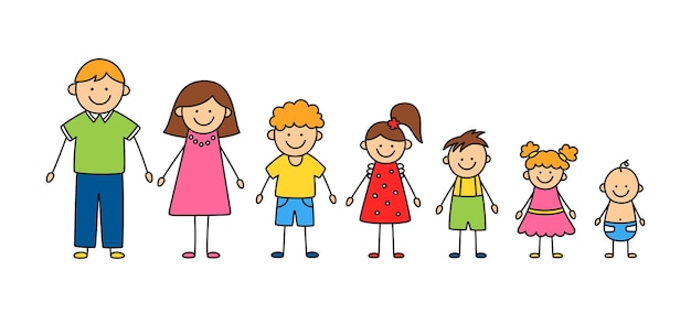 Familia feliz del hombre del palillo del doodle. Conjunto de figura de familia dibujada a mano. Madre, padre e hijos. Ilustración de color vectorial aislada en estilo doodle sobre fondo blanco.