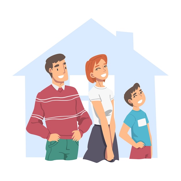 Familia feliz En el interior de la casa Resumen de bienes raíces Padres sonrientes y su hijo planean comprar una nueva vivienda Ilustración vectorial de estilo plano
