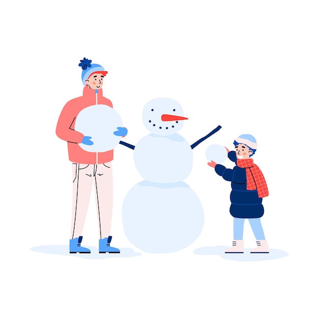 Familia feliz junta hace muñeco de nieve una ilustración vectorial