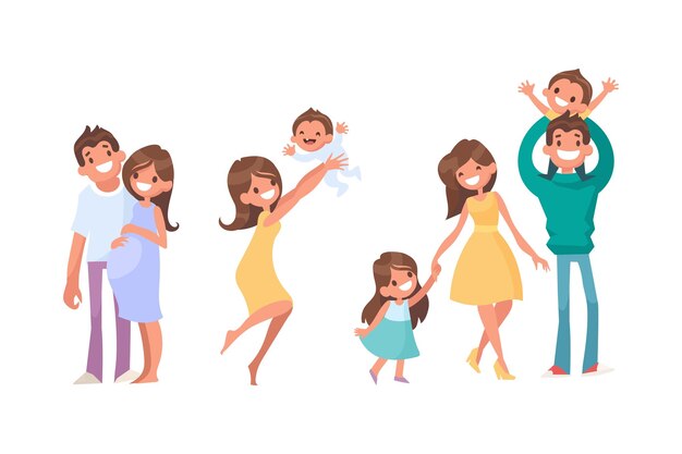 Familia feliz juntos ilustración vectorial plana padres con niños aislados