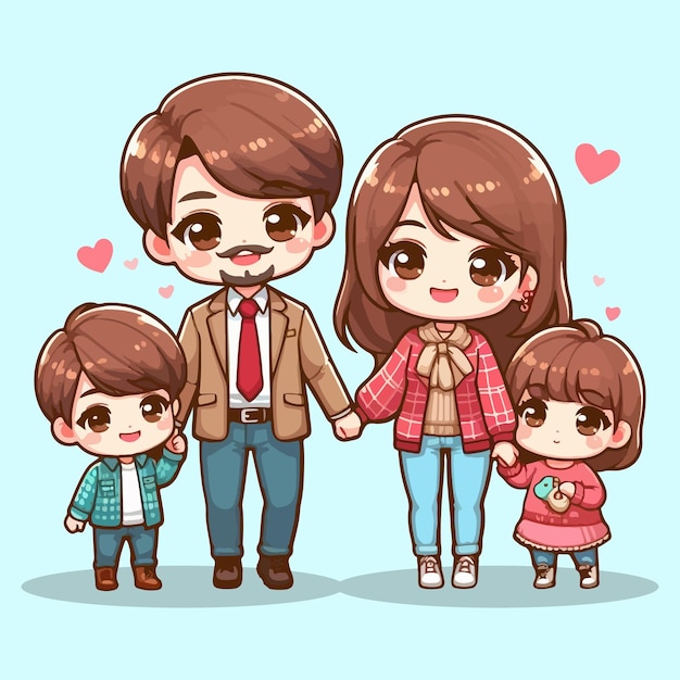 Familia feliz y linda personaje de Chibi con fondo azul vector