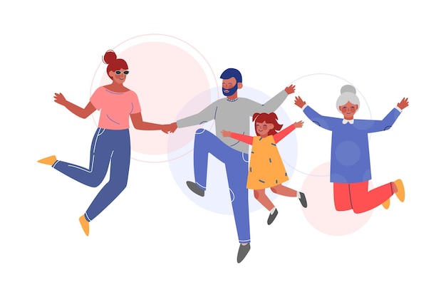Familia feliz y linda saltando juntos con los brazos en alto padre madre hija e hijo divirtiéndose ilustración vectorial