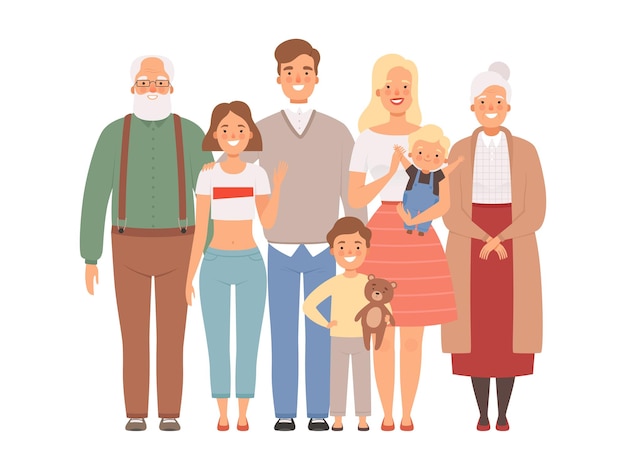 Vector familia feliz. madre padre niños y abuelos juntos retrato de gran familia.