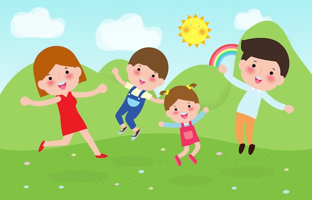 Familia feliz mano juntos en el parque. Descansa en la naturaleza.