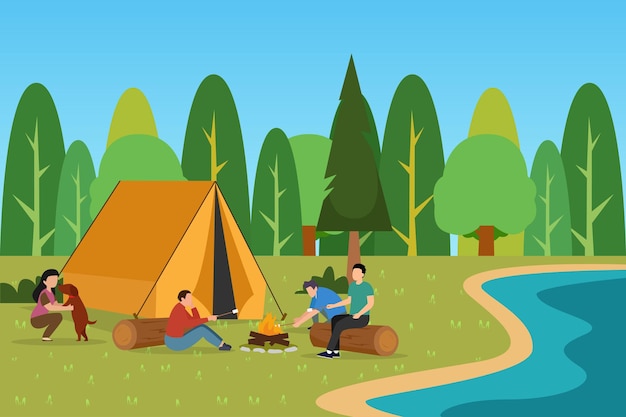 Familia feliz con mascotas acampando juntos en la naturaleza