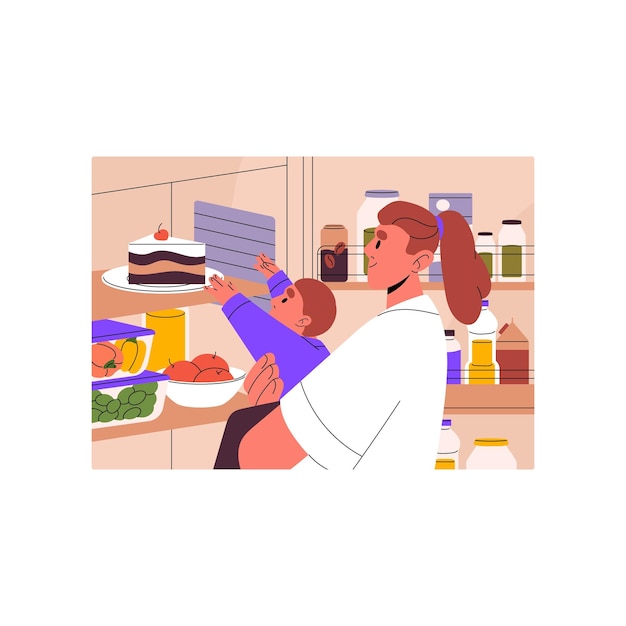 Familia feliz mirando adentro llena de refrigerador de comida Mamá sostiene al niño en las manos ayuda al bebé hambriento a alcanzar el pastel Abrir el refrigerador de la casa con una gran selección de productos alimenticios Ilustración vectorial plana