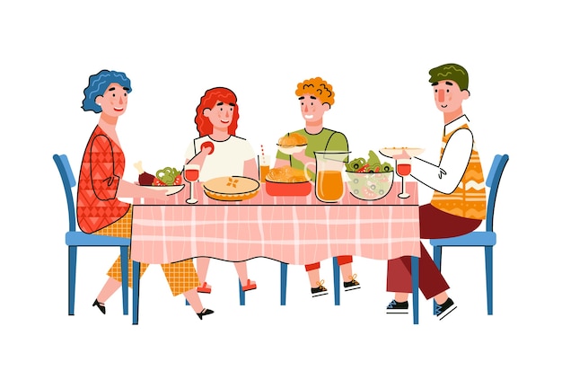 Familia feliz con niños comiendo en la mesa grande, ilustración de dibujos animados.