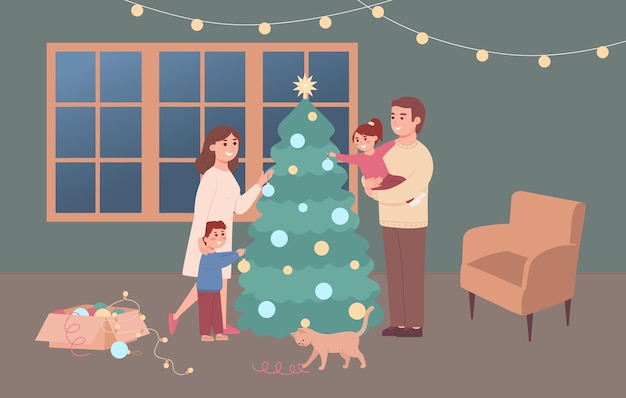 Vector la familia feliz con los niños está decorando el árbol de navidad en casa papá madre hijo e hija se están preparando para la celebración tradicional padres e hijos juntos vector plano de la gente y el interior