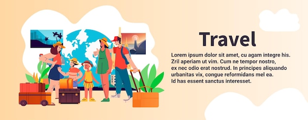 familia feliz con niños y equipaje de pie juntos en la playa tropical vacaciones de verano tiempo de vacaciones para viajar concepto copia espacio vector ilustración