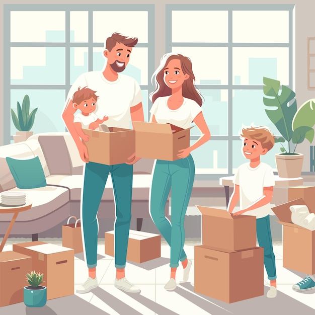 Vector familia feliz en la nueva casa mamá papá e hijos personajes llevan cosas y cajas de cartón reubicación