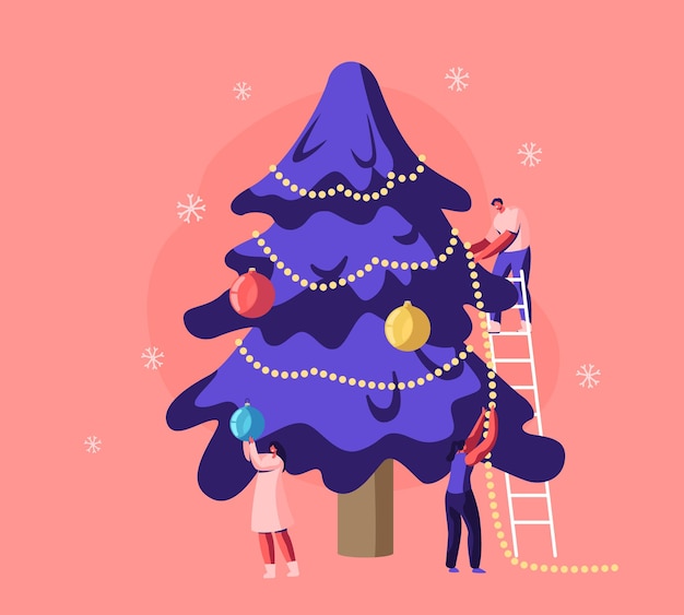 Familia feliz o empresa de amigos decorando el árbol de Navidad con guirnaldas y bolas de pie en la escalera. Ilustración plana de dibujos animados