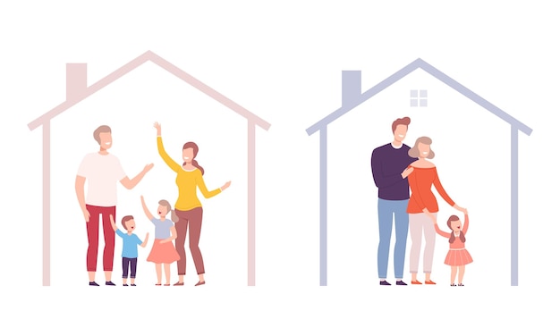 Familia feliz con padre, madre e hijos pequeños bajo el techo del hogar Conjunto de vectores de protección