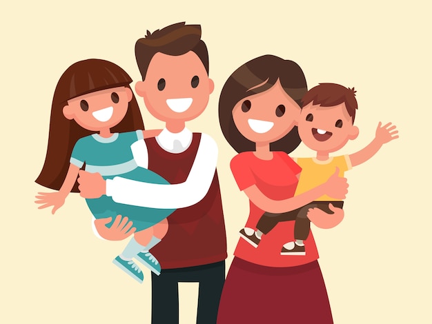 Familia feliz. Padre, madre, hijo e hija. Los padres se mantienen en manos de sus hijos.