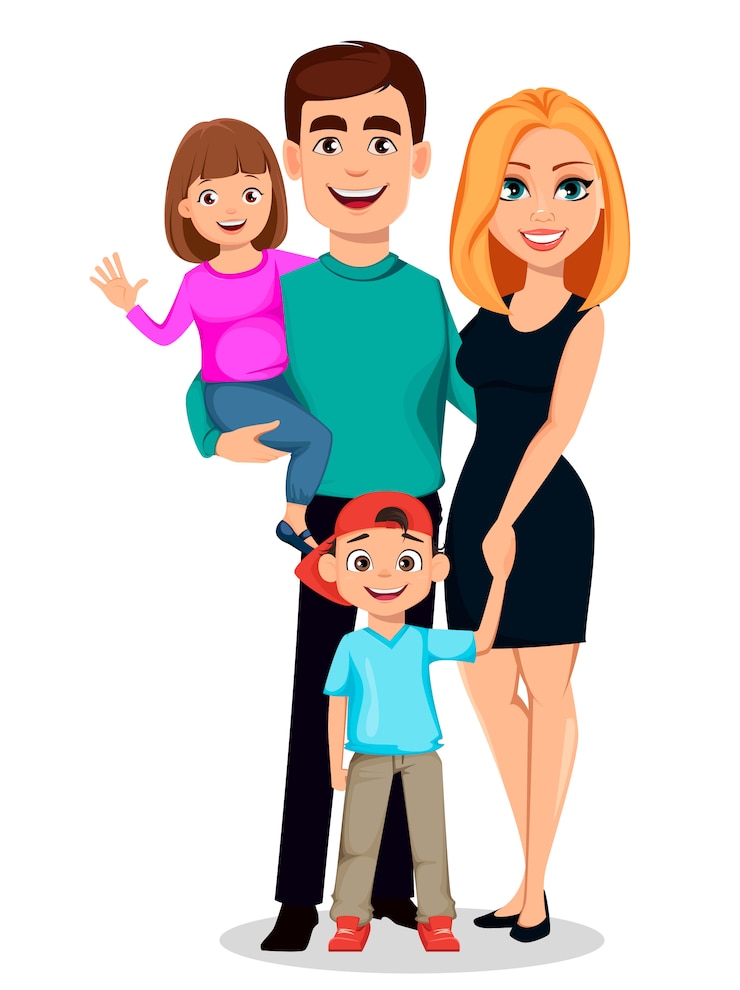 Vector familia feliz. padre, madre, hijo e hija.