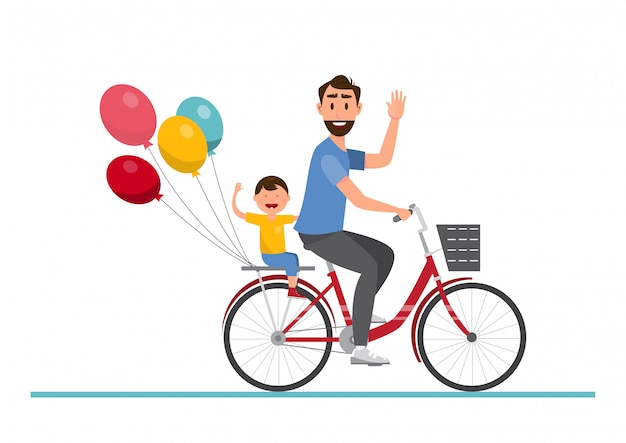 Vector familia feliz. padre, madre, niño y niña montados en bicicleta juntos.