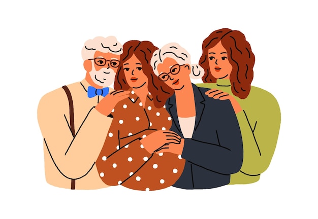 Familia feliz, padres mayores, hija embarazada. madre anciana, padre abrazando a niñas adultas. hermanas y mamá jubilada, retrato de papá. ilustración de vector plano aislado sobre fondo blanco
