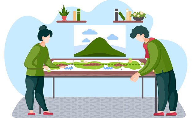 Vector familia feliz de pie en la mesa y jugando al juego de mesa pareja enamorada del mapa del paisaje el juego sobre la naturaleza y el medio ambiente la niña recoge fichas verdes guía de viaje en el fondo