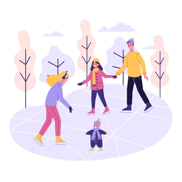 Familia feliz en la pista de hielo. Patinaje de invierno, actividad al aire libre. Personas con niños. ilustración