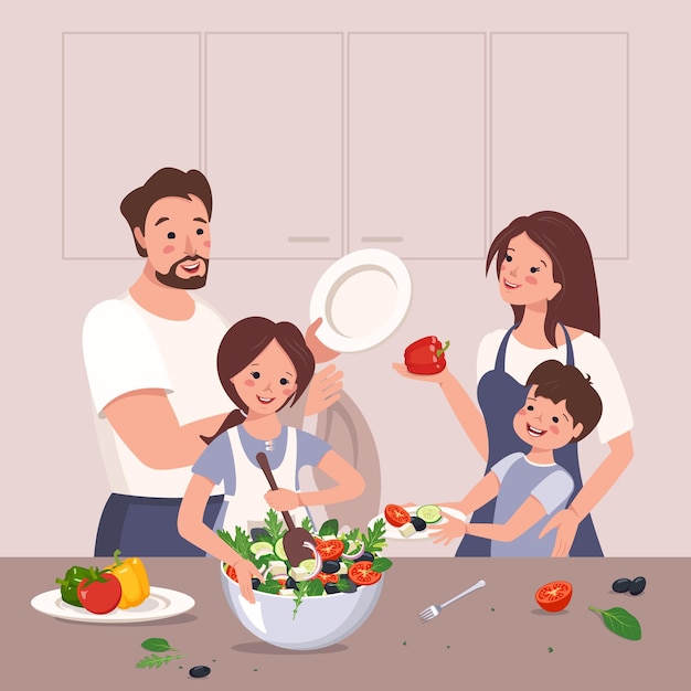 Vector familia feliz prepara comida, los niños ayudan a sus padres a la niña hace ensalada de verduras