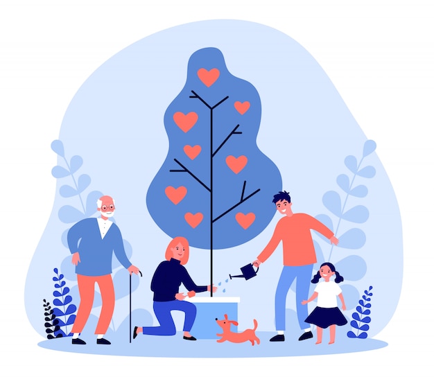 Familia feliz que crece el árbol con corazones