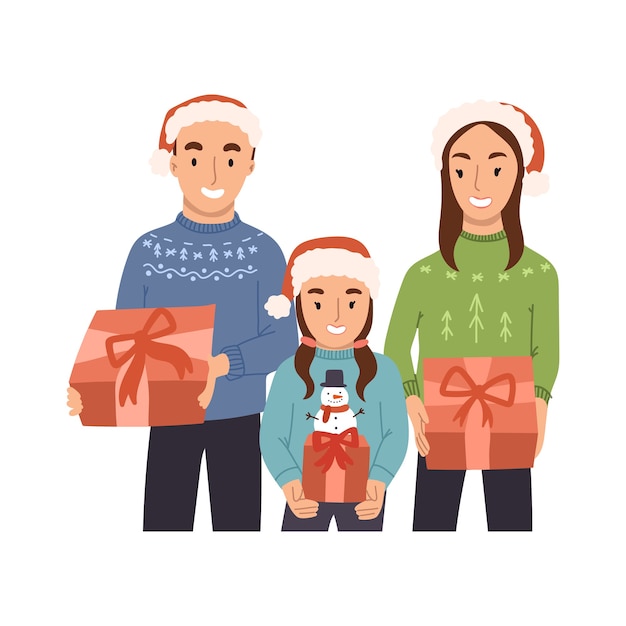 Familia feliz con regalos de Navidad en sus manos.